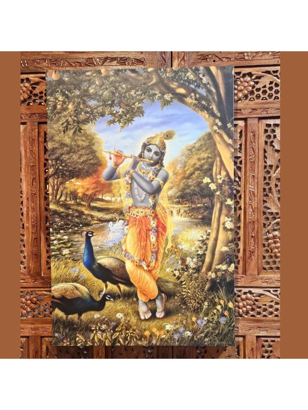 Lord krishna Playing Flute in Vrindavan with Peacocks Canvas Painting Photo Art